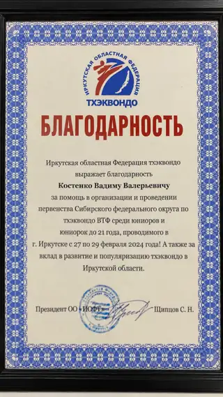Благодарность Иркутской областной федерации тхэквондо Вадиму Костенко, февраль 2024 года